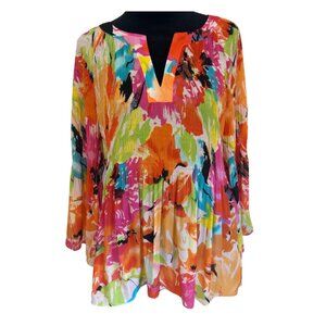 Floral & Ivy Womens Bell Sleeve Blouse Sz M Vibrant Floral Ruffled V Neck‎